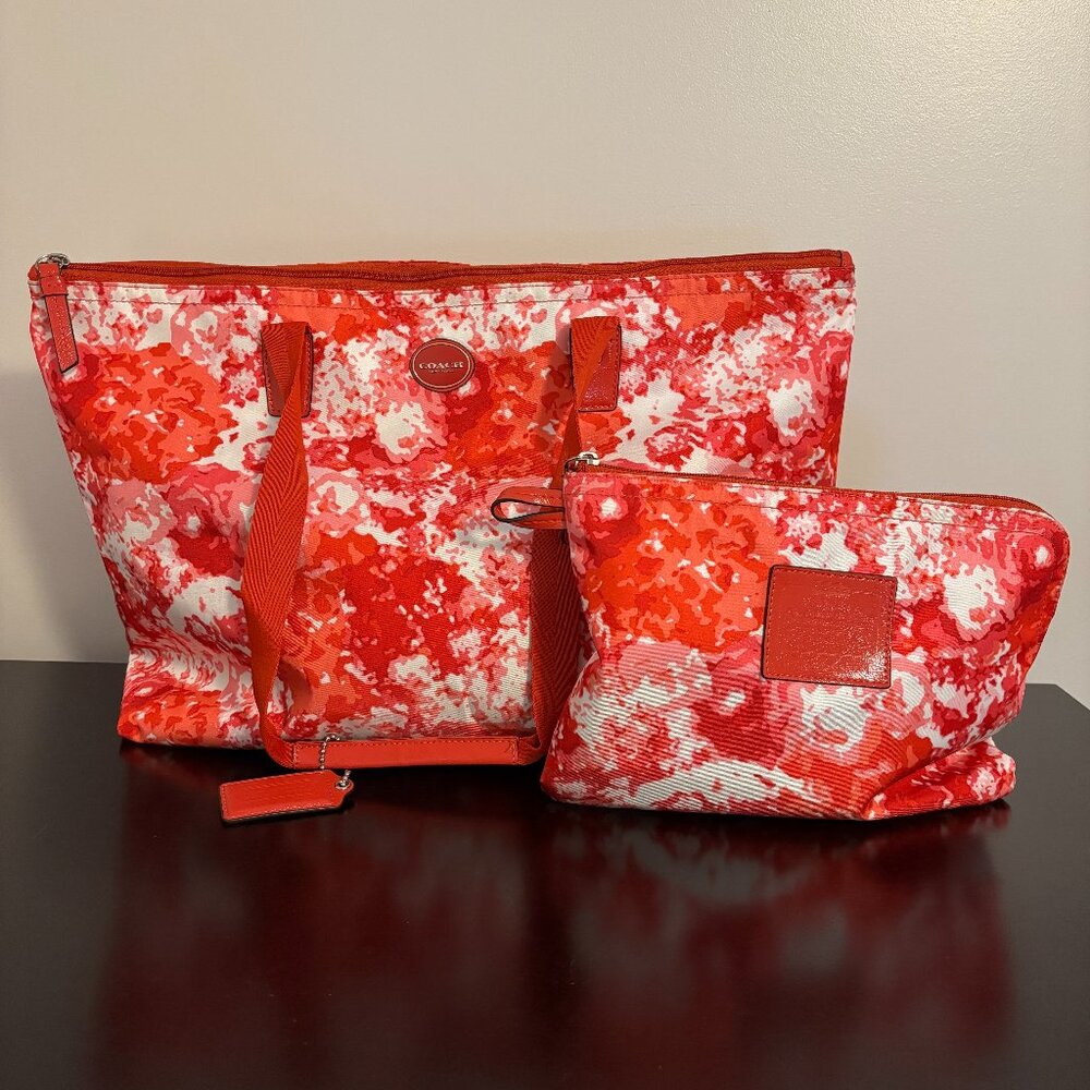 Coach Nylon Red & Pink Floral Weekender Getaway Travel Bag with Carry Pouch